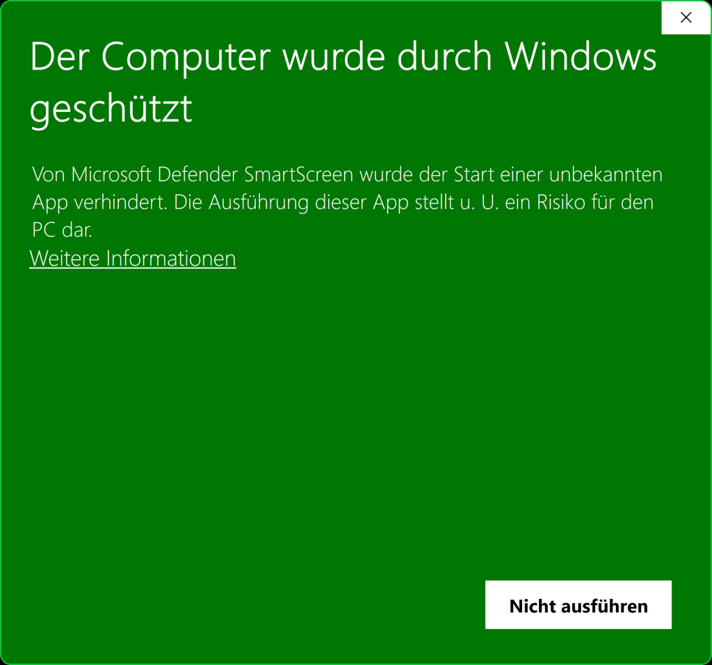 Example of a SmartScreen that appears before starting a setup EXE file.