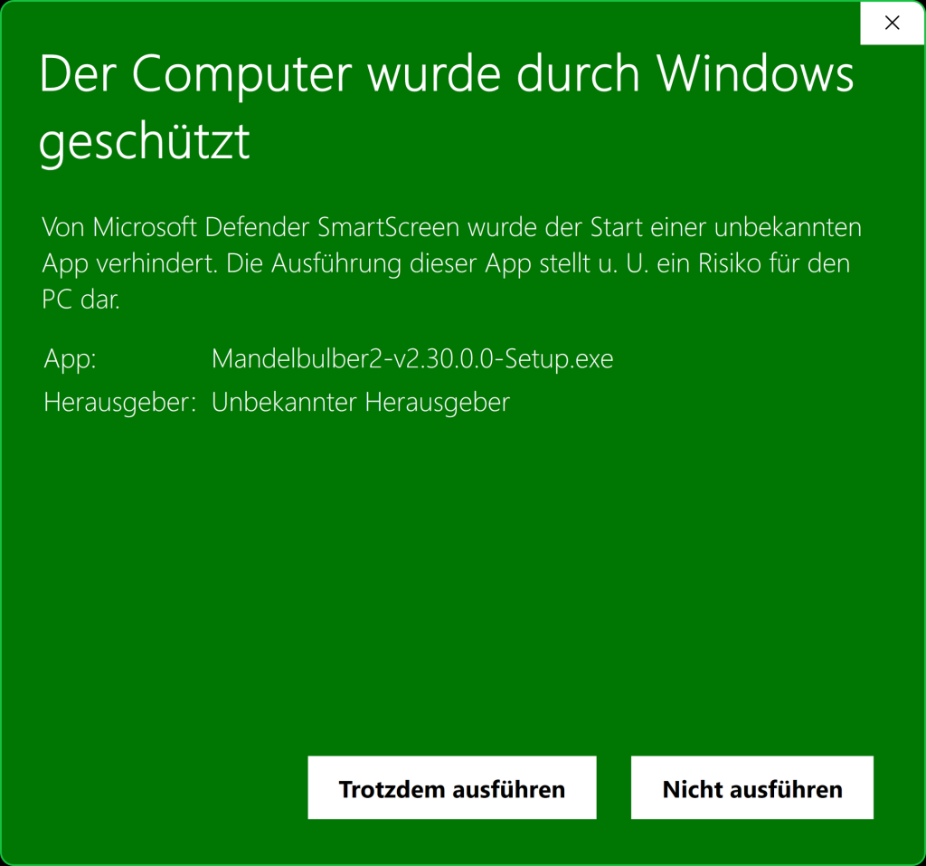 Example of a SmartScreen that appears before starting a setup EXE file.