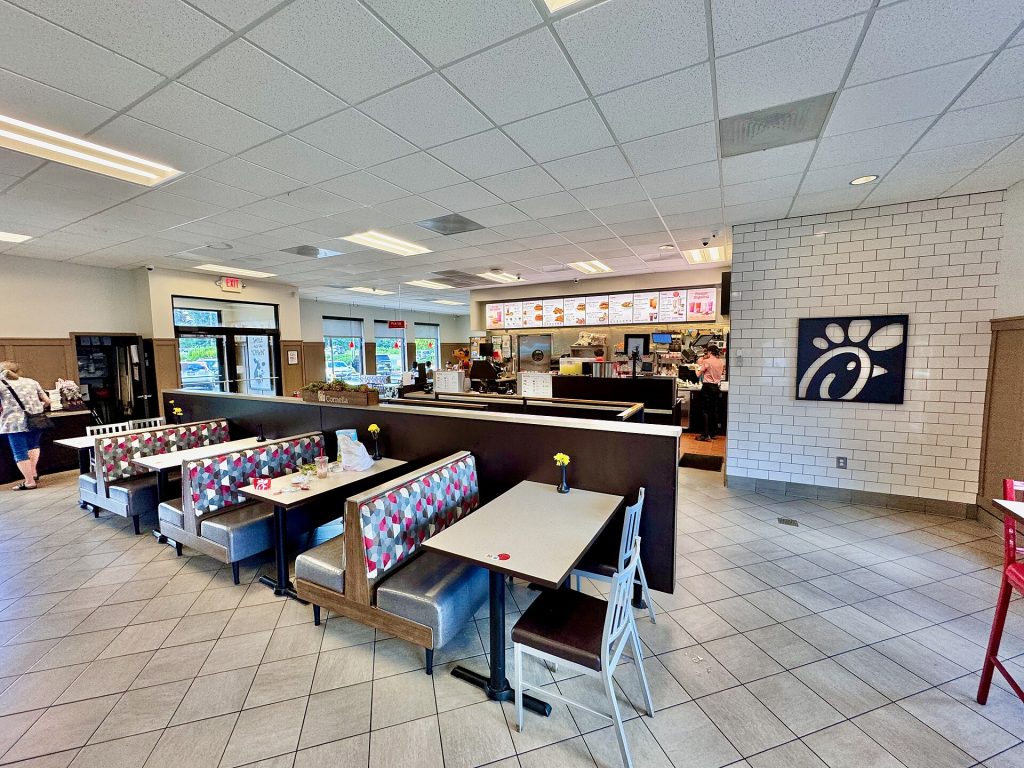 A Chick-fil-A fast food restaurant interior in Cornelia, Georgia