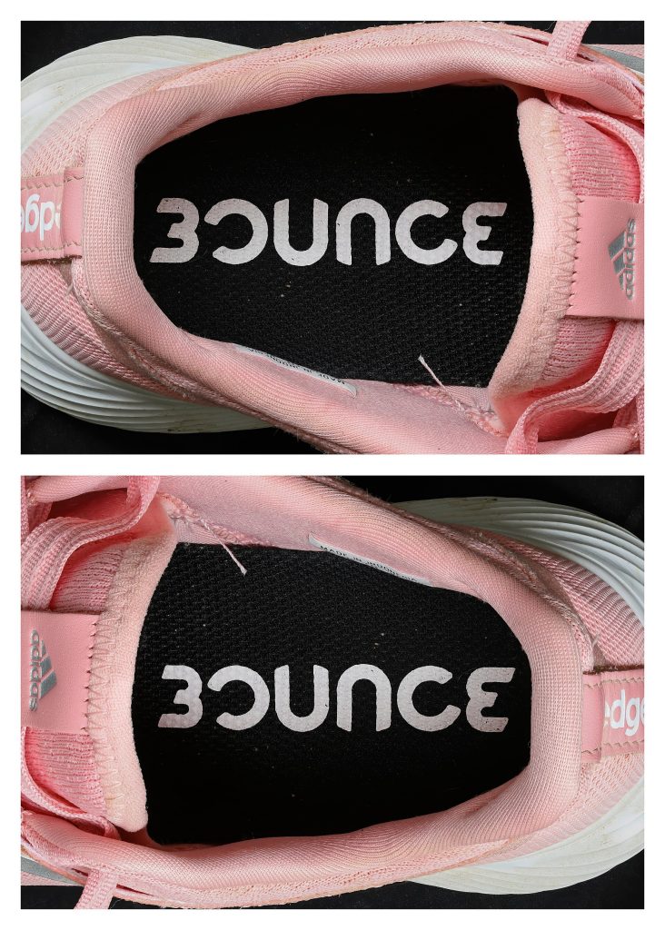 Ambigram Bounce, 180° rotational symmetry. Word printed inside an Adidas pink shoe. Comparison of the same photograph, right side up and upside down. Focus stacking from 15 pictures.