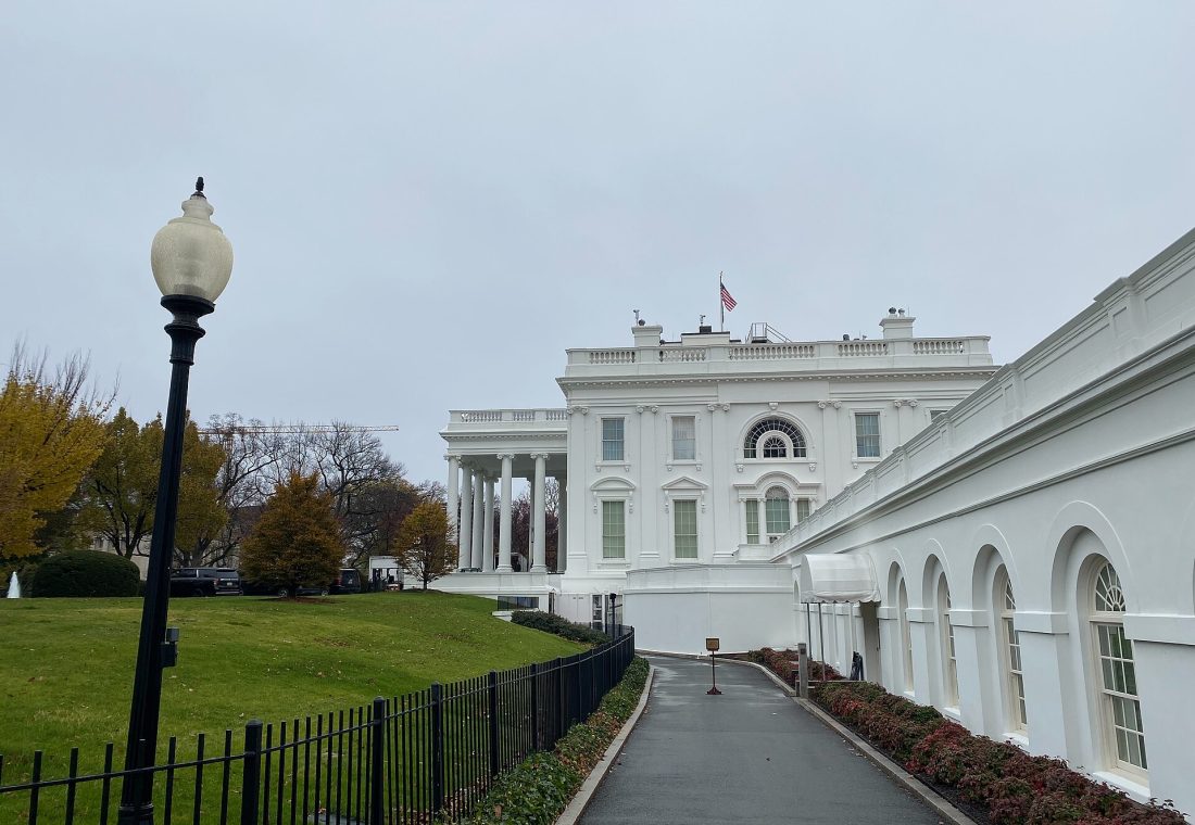 The exterior of the White House West Wing in Winter 2022.
