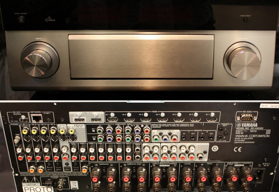 A Yamaha RX-A2020 AV receiver at the International Consumer Electronics Fair 2012 in Berlin. The device has numerous digital HDMI inputs and outputs (top row), which at that time had already become standard due to their great technical advantages. In the picture File:Rear panel of Yamaha RX-A2020 AV receiver - at IFA fair 2012.jpg, all connectors are described in detail when the mouse is moved over them.