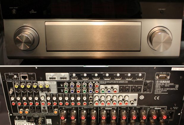 A Yamaha RX-A2020 AV receiver at the International Consumer Electronics Fair 2012 in Berlin. The device has numerous digital HDMI inputs and outputs (top row), which at that time had already become standard due to their great technical advantages. In the picture File:Rear panel of Yamaha RX-A2020 AV receiver - at IFA fair 2012.jpg, all connectors are described in detail when the mouse is moved over them.