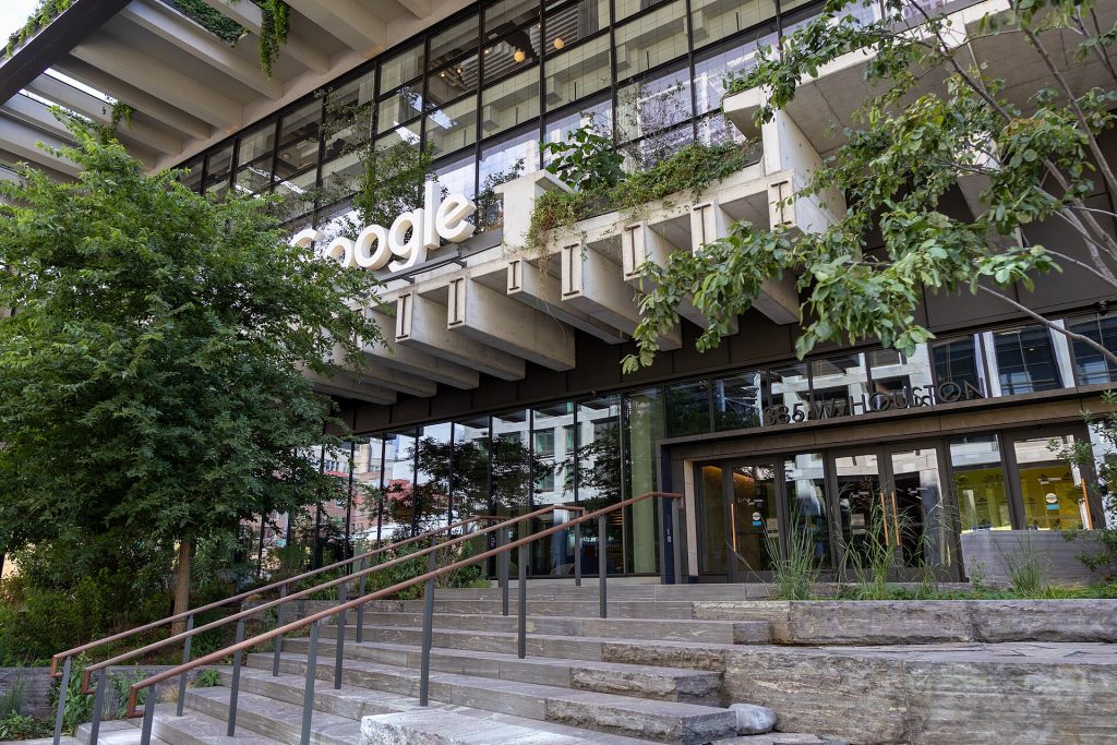 Exterior view of Google's NYC headquarters at St. John's Terminal, 550 Washington St (335 W Houston St), New York, NY 10014.