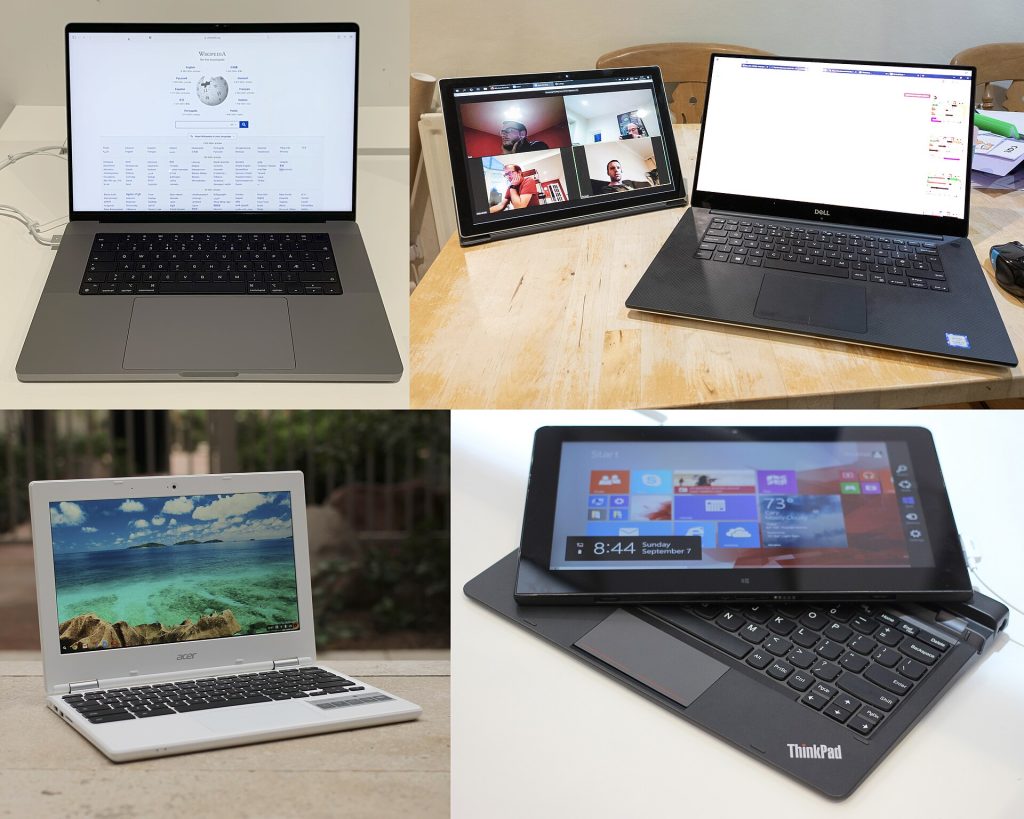 Photocollage of various modern (circa 2014 and newer) laptop computersClockwise from top: Microsoft Surface Pro (left, 2019) and Dell XPS 15 (right, 2018); Acer Chromebook 11 (2014); Lenovo ThinkPad Helix (2014); MacBook Pro 16 (2021)