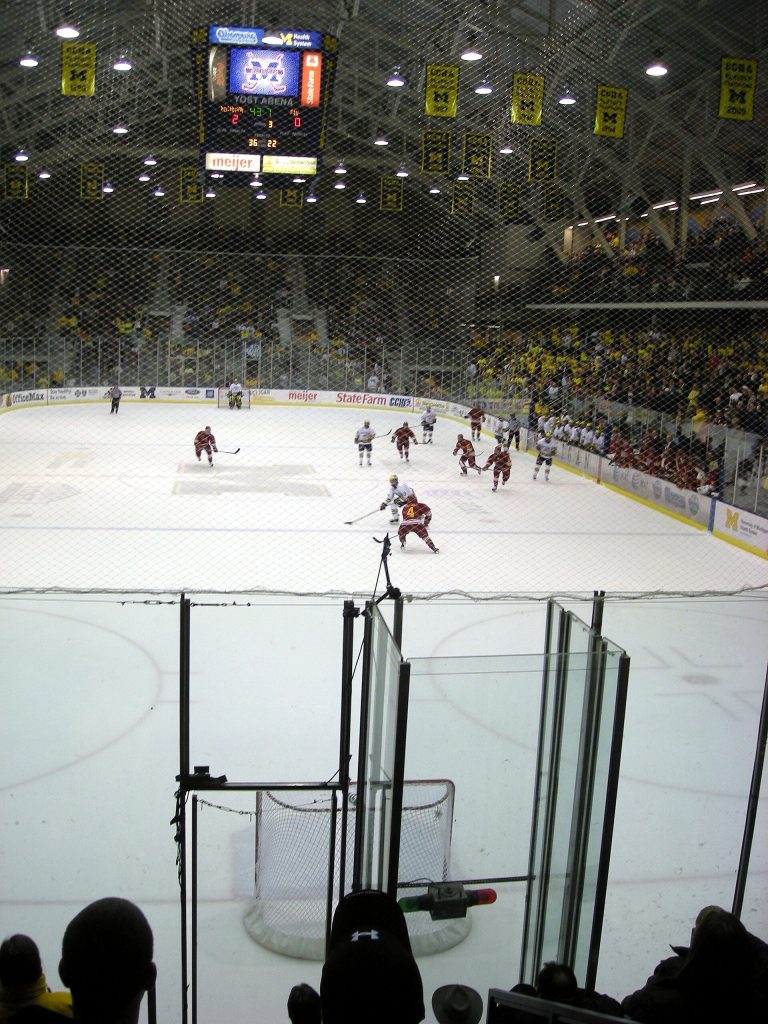 Michigan attempts an empty net goal during the Ferris State Bulldogs vs. Michigan Wolverines men's ice hockey game at Yost Ice Arena in Ann Arbor, Michigan (United States). Michigan won 2–0.