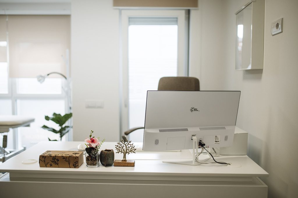 Modern office workspace featuring a computer
