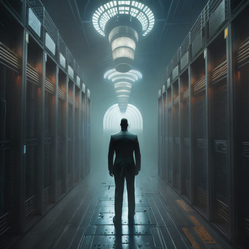 Prompt: psychic powers as utilized in corporate espionage, mortuary with cryonic technology, hundreds of deceased people in cryogenic storage, corridor with high-tech water tanks on the sides, lengthy state of hibernation, megacorporation, creepy evil business, trending on artstation Imagine V4, No Style -hoodie, hood, hooded, wizard A result (CCBY) is here: https://imgur.com/a/5RcVEnm I then put this result into Imagine's image2image with prompt (or similar) Agent Smith from behind, by Zdzisław Beksiński, creepy surreal atmosphere with fog, server racks This image can be improved and uploading of a new version is encouraged - this can be collaborative art - you get the idea and a baseline via the prompt infos.