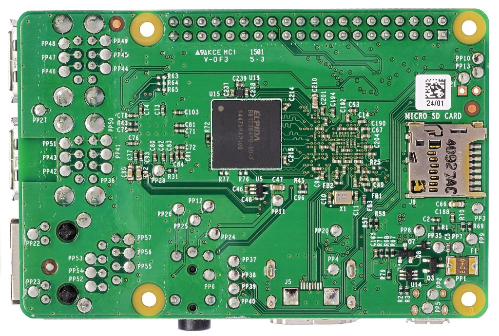 Underside of Raspberry Pi 2 Model B v1.1. (Ordered the day after it came out- on Tue 3 Feb 2015- and received a couple of days after that. This one was supplied by CPC/Farnell and "Made in the UK")
