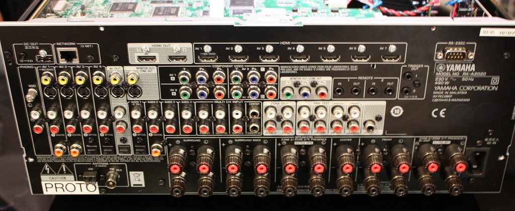 A Yamaha RX-A2020 AV receiver at the International Consumer Electronics Fair 2012 in Berlin. The device has numerous digital HDMI inputs and outputs (top row), which at that time had already become standard due to their great technical advantages. In the picture, all connectors are described in detail when the mouse is moved over them.