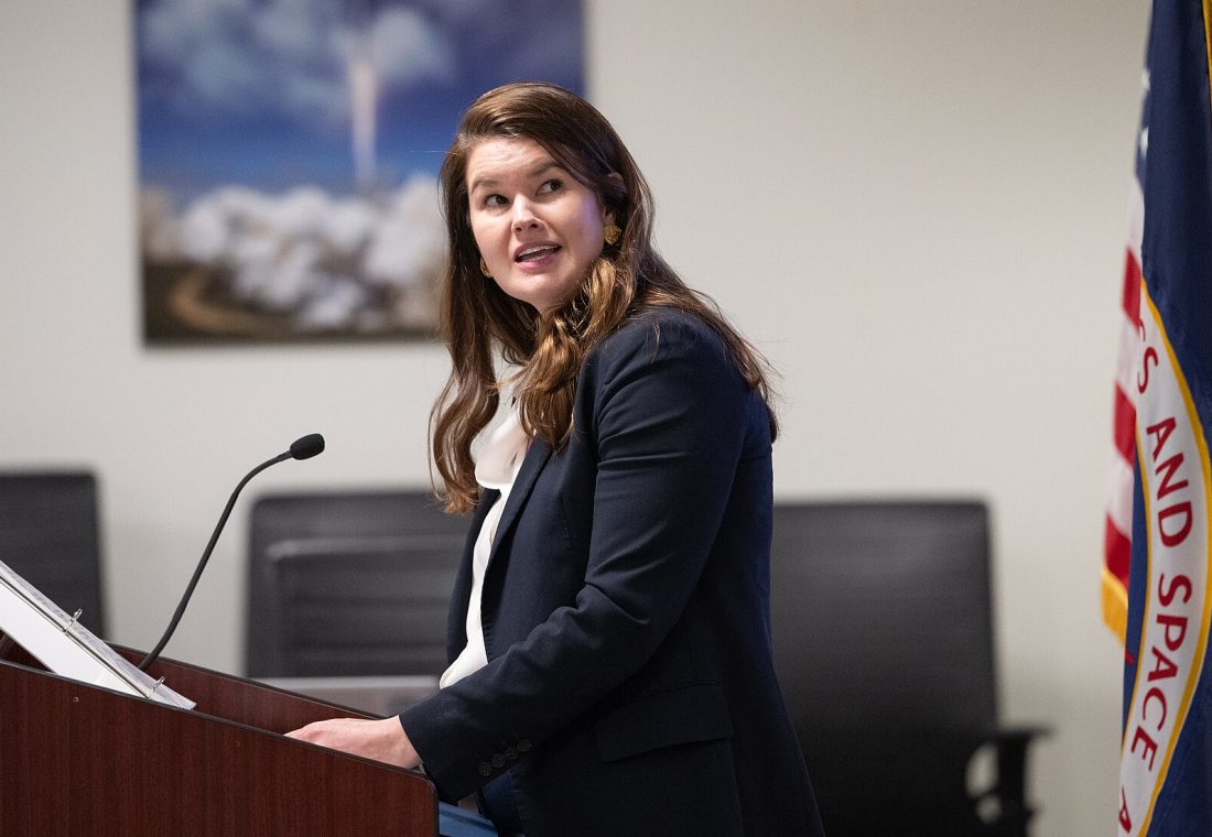 Casey Swails, NASA deputy associate administrator, provides remarks during a NASA Office of Small Business Programs learning webinar titled “Empowering Small Businesses: NASA OSBP & SBA present The Made in America Manufacturing,” Wednesday, April 16, 2025, at the Mary W. Jackson NASA Headquarters building in Washington. Photo Credit: (NASA/Joel Kowsky)