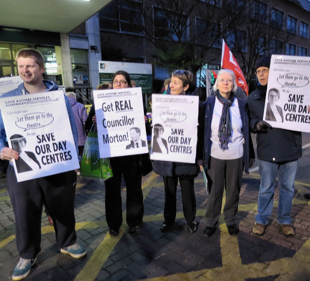 10 February 2015. Anti-cuts demonstration outside Haringey Civic Centre, Wood Green. As well as posters criticising Haringey councillor Peter Morton, for his foolish "Get Real" remark, there were 'Save Our Day Centres' posters. These had a photo of Council "Leader" Claire Kober. She too had made a crass remark. Suggesting that instead of going to a Day Centre, people with Autism might prefer to visit the theatre. Please scroll down to read the text of a talk the same evening by Mary Langan of Save Autism Services Haringey - SASH. ___________________________________ Links § Website: Save Autism Services Haringey - SASH. § Care home and day centre cuts ‘like watching motorway pile-up in slow motion’. News report by Emily Banks. 18 December 2014. Broadway Ham&High § 9 February 2015. Hannah Al-Othman in Broadway Ham&High. Haringey budget cuts: ‘Small victory’ for care campaigners as final draft unveiled. § Autism group slams adult social care cuts made by Council. News report 25 February 2015 by Charlie Peat, Tottenham & Wood Green Independent. § John Toner, Tottenham & Wood Green Independent 23 February 2015. Angry scenes as budget cuts pushed through. § Video from Tottenham & Wood Green Independent Hundreds march against Council cuts. § Mums Against the Cuts trying to save Haringey Children's Centres. § "Who will listen now if you care for an adult with learning disabilities?" Article about Haringey's proposed cuts to Adult Learning disabilities services by Rhiannon Lucy Cosslett in The Guardian 6 February 2015. § My own comment on her article posted on The Guardian website.