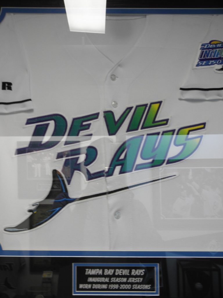 The original home uniforms of the Tampa Bay Devil Rays, circa 1998.