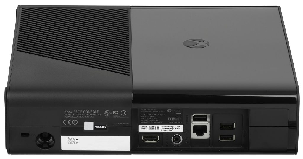 The Xbox 360 E, the third hardware revision in the Xbox 360 lineup. This picture shows the back of the unit and its inputs and outputs. The systems features: 4 USB ports (2 in back, 2 in front) HDMI out A/V out (special minijack port for composite video and stereo audio) Kinect dedicated port LAN input Power input (12V, 9,6A DC in)