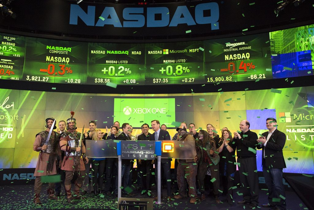 A Microsoft team ceremonially rang the NASDAQ opening bell to celebrate the launch of the Xbox One game console in November 2013.
