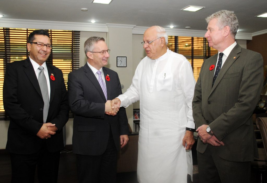 The Canadian Minister of International Trade and Minister for the Asia Pacific Gateway, Mr. Ed. Fast meeting the Union Minister for New and Renewable Energy, Dr. Farooq Abdullah, in New Delhi on November 04, 2011.