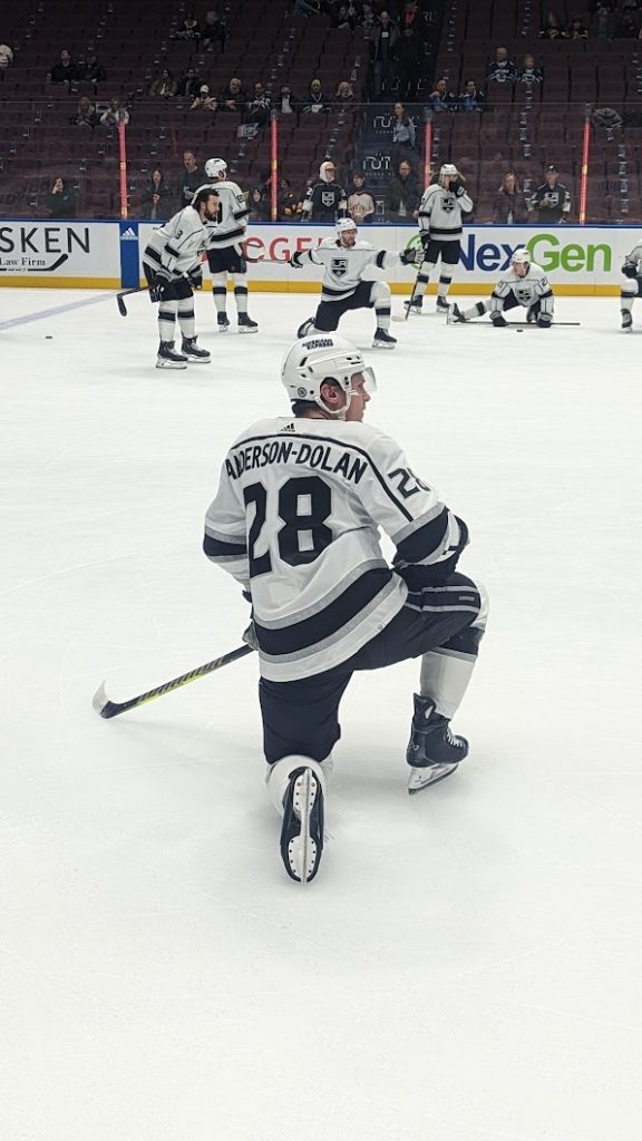LA Kings forward Jaret Anderson-Dolan warming up for a regular season game against the Vancouver Canucks in Rogers Arena on February 29th, 2024