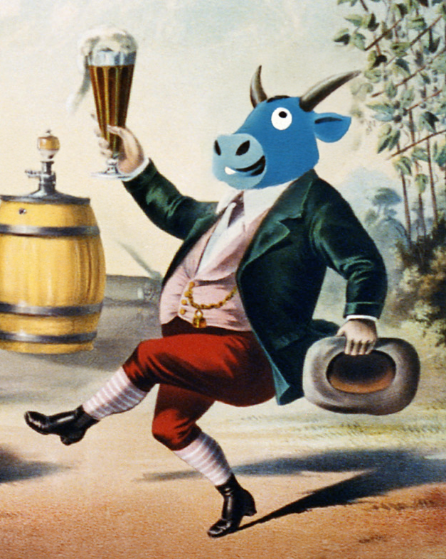 Babe the Blue Ox dancing and drinkinɡ Cropped and AI modified from a 1882 Bock beer advertisement.