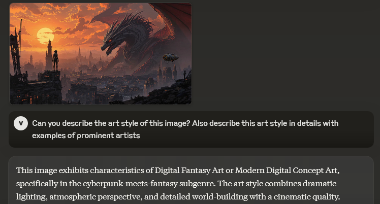Screenshot of Claude 3.5 Sonnet output describing art style of an uploaded image