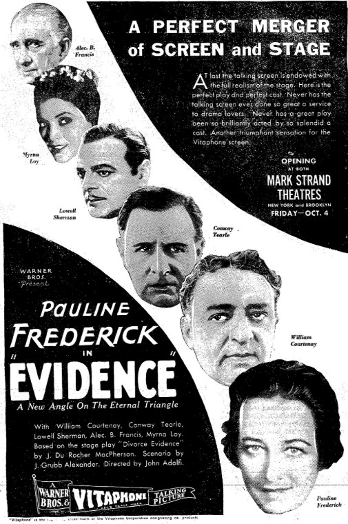 Advertisement for the American crime film Evidence (1929), on page 25 of the October 2, 1929 Variety.