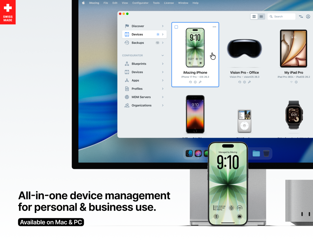 Screenshot of iMazing for macOS displaying the multi-device management interface with an iPhone 17 Pro, iPad Pro, and Apple Vision Pro listed as managed devices. An iPhone is shown in the foreground running iMazing. The interface tagline reads: "All-in-one device management for personal & business use. Available on Mac & PC." Developed by DigiDNA (Switzerland).