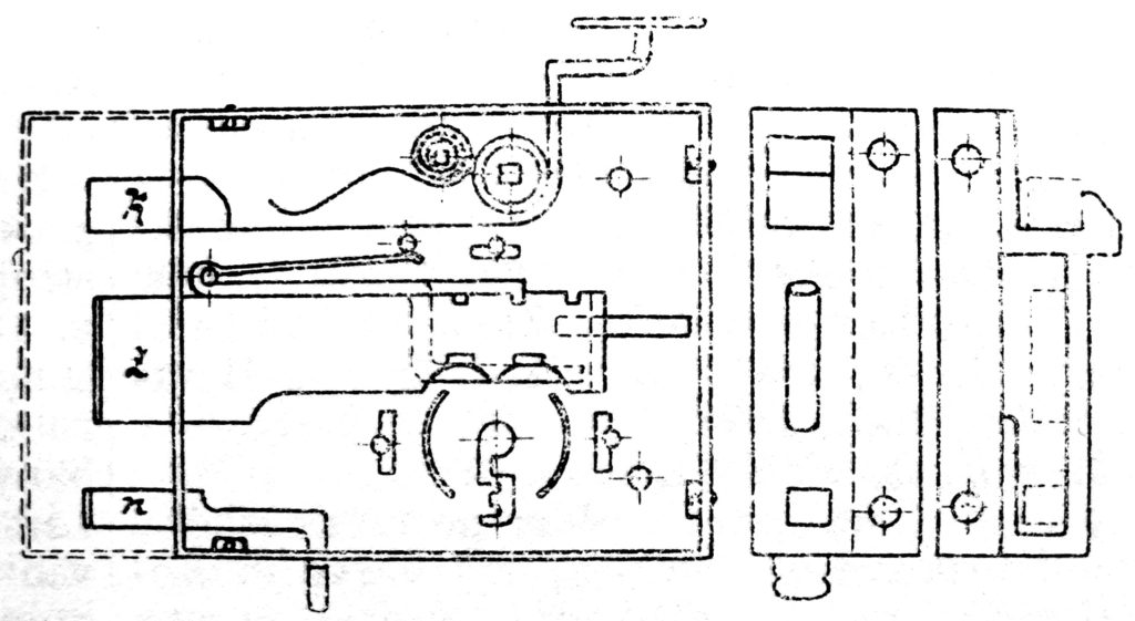 A lock with triple closure, as pictured in Otto's Encyclopedia (Ottův slovník naučný, 1908).