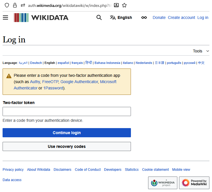 the login screen of a WMF wiki at end of 2025-November indeed multiply linking to Big Tech and NOT linking to the relevant specifications, namely RFC2104, RFC3174, RFC4226, RFC6234 and RFC6238