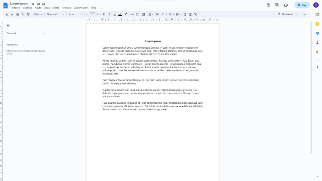 Kuvakaappaus Google Docsista / Screenshot of Google Docs in finnish