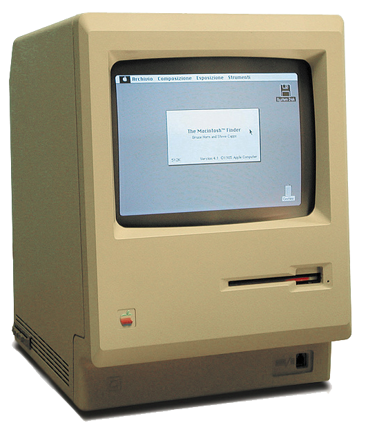 A Macintosh 128K (that has apparently been upgraded to 512K, see window) running Finder 4.1 American transparent background. Note the add-on "Programmer's Switch" on the lower-left corner of the case, which includes reset and interrupt buttons. Based on w:Image:Macintosh 128k No Text.jpg which was edited by TDS from a version found on the Wikimedia Commons to remove text that obstructed the photograph. (Image:Macintosh 128k.jpg). It is desirable that the current image be recreated in jpg from that source. The original photograph is from the All About Apple Museum, which also shows the back of the machine, confirming it is the original 128K model (Macintosh 128k. All About Apple Museum. Archived from the original on 2004-01-01.). This is an image that has been released into the GFDL. Because of the free license, it is currently the logo of WikiProject Macintosh.
