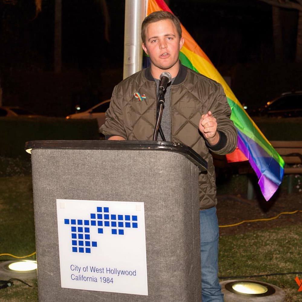 Writer, activist and city official James Duke Mason speaks at a West Hollywood rally against the policies of President Donald Trump in February 2017.