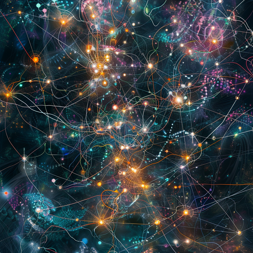 Artwork released alongside the release of xAI's Grok-1 based on the prompt: "A 3D illustration of a neural network, with transparent nodes and glowing connections, showcasing the varying weights as different thicknesses and colors of the connecting lines."