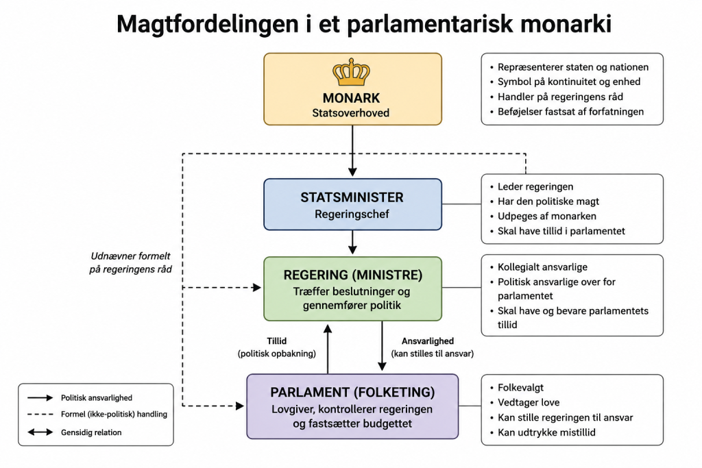 Simplified educational diagram showing the constitutional relationship between the monarch, the prime minister, the government and the parliament in a parliamentary monarchy. The diagram is intended for encyclopedic use and illustrates institutional relationships rather than the constitutional arrangements of any specific country.