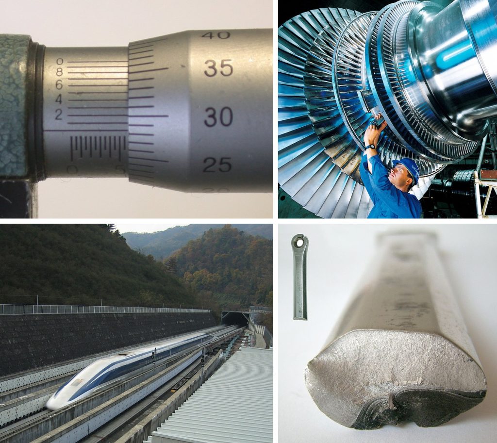 Illustration de technologie créée à partir des fichiers suivants : File:5783metric-micrometer.jpg File:Dampfturbine Laeufer01.jpg File:JR-Maglev-MLX01-2.jpg File:Pedalarm Bruch.jpg