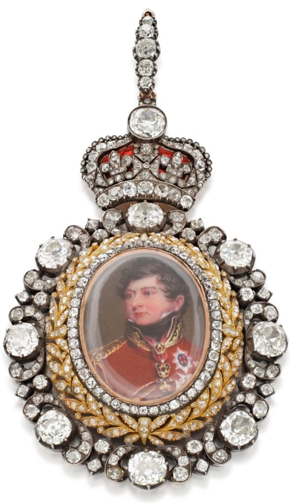 The Royal Family diamond and enamel order of George IV, 1820s This impressive diamond-set order was gifted by King George IV (1762-1830) to his sister Princess Elizabeth, Landgravine of Hesse-Homburg (1770-1840). After spending most of her youth in England, she married the German Prince Frederic VI, Landgrave of Hesse-Homburg (1769-1829) in 1818. Her niece Caroline of Hesse-Homburg (1819-1872), Princess of Reuss-Greiz by marriage, inherited the order. In turn it was inherited by the latter’s son Heinrich XXII, Prince of Reuss-Greiz (1846-1902) who left it to his daughter Emma of Reuss-Greiz (1881-1961), Countess of Ehrenburg by marriage. Thence it was passed down by descent. Royal Family Order The order containing the portrait of the King was created as a Royal Family Order. Following his accession to the throne in 1820, King George IV established the tradition of the Royal Family Order by which a monarch can bestow this distinction upon female members of the Royal Family as an expression of appreciation. Almost every sovereign since King George IV has created his or her Royal Family Order. Each time the order consists of a portrait miniature within a diamond frame, surmounted by a diamond and enamel crown, worn suspended from a silk ribbon fashioned as a bow. The Family Order of King George IV featured a white bow, while Queen Elizabeth II’s order featured a yellow bow. King George IV’s Family Order depicts the King facing sideways while wearing a field marshal’s uniform with the Order of the Golden Fleece and the stars of the Orders of the Garter and Holy Spirit. This image was taken from a state portrait by Sir Thomas Lawrence painted circa 1814-1815 while King George IV was still Prince-Regent. The Royal Collection holds three similar King George IV Family Orders both by and attributed to Henry Bone. The first belonged Charlotte, Queen of Württemberg and Princess Royal (1766-1828), the oldest sister of King George IV. The second belonged to Augusta of Hesse-Kassel, Duchess of Cambridge (1797-1889), a sister-in-law of the King, whereas the third belonged to her daughter Augusta, Grand-Duchess of Mecklenburg-Strelitz (1822-1916). The first two examples differ in their design of the frame, featuring a foliage of oak leaves. The third example has a simple border consisting of a single line of diamonds. All four orders carry the diamond-set initials GR IV at the reverse. Henry Bone (1755-1834) was a renowned enamel painter who is particularly remembered for his work at the British court during the Regency era. Henry Bone started his career as a porcelain painter at Plymouth and Bristol before moving to London in 1778. Gradually he established himself as the most sought after miniature painter in the capital. In the late 18th century, the fashion for miniatures on ivory ,which originated in France, was increasingly preferred over the older art of enamel miniature painting. Henry Bone was granted the distinction of enamel painter to the Prince of Wales in 1800 and was admitted to the Royal Academy the following year. His later career was marked by increasingly large and ambitious enamels depicting scenes from English history. Literature: Cf.: W. Montague-Smith (Ed.), Debrets Peerage and Titles of Courtesy. With H. M. Royal Warrant Holders 1967, Kingston upon Thames, 1967, pg. 21.