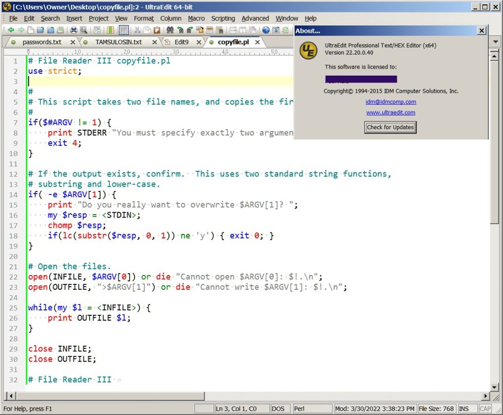 UltraEdit version 22.20 from 2015, displaying a perl program with syntax highlighting.