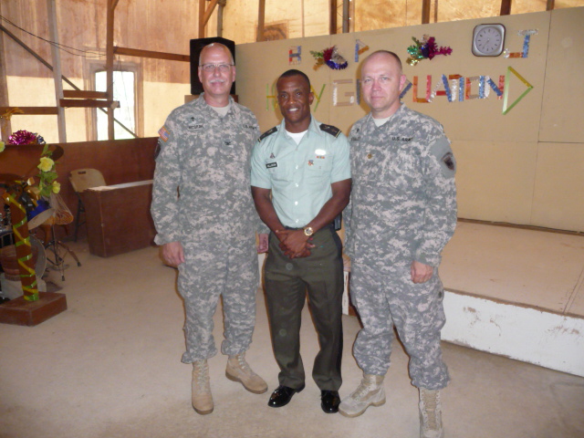 U.S. Army Africa Chaplains (Col.) Jonathan McGraw (left) and (Maj.) Allen Staley (right) with Armed Forces of Liberia Chief of Chaplains 1st Lt. Dessaline Allison. (U.S. Army Africa Photo) To learn more about U.S. Army Africa visit our official website at www.usaraf.army.mil Official Twitter Feed: www.twitter.com/usarmyafrica Official Vimeo video channel: www.vimeo.com/usarmyafrica Join the U.S. Army Africa conversation on Facebook: www.facebook.com/ArmyAfrica
