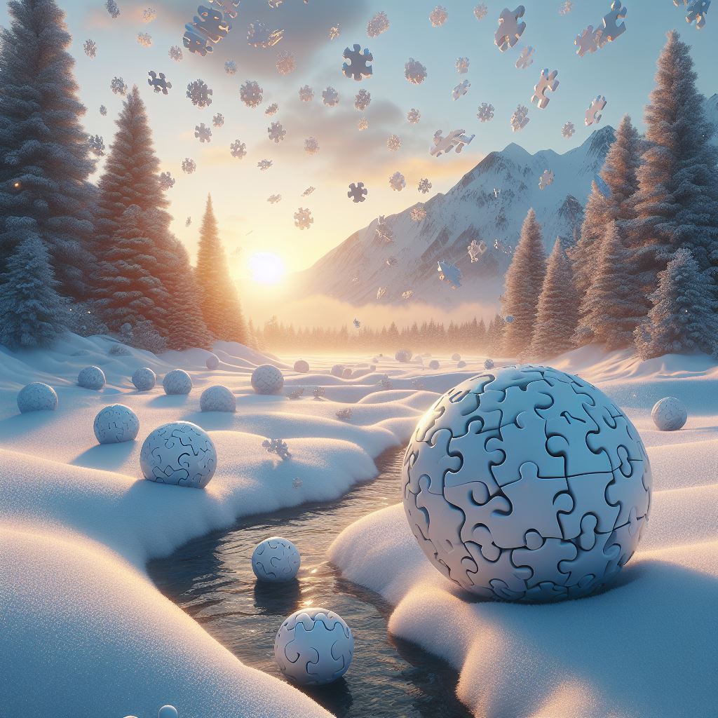 An AI-generated image depicting a sphere resembling the Wikipedia globe logo in a winter landscape.