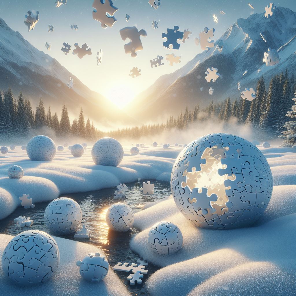 An AI-generated image depicting a sphere resembling the Wikipedia globe logo in a winter landscape.