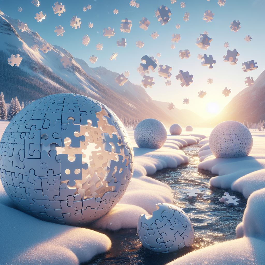 An AI-generated image depicting a sphere resembling the Wikipedia globe logo in a winter landscape.