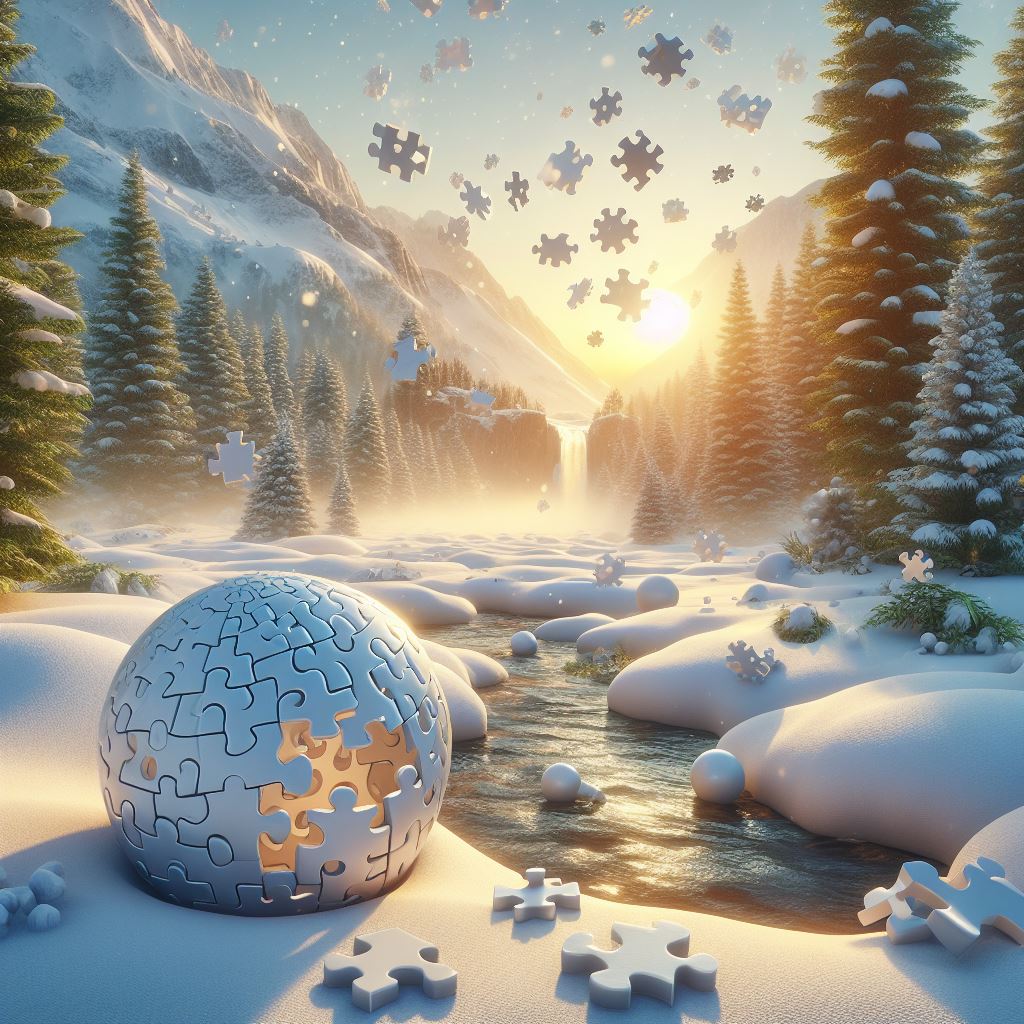 An AI-generated image depicting a sphere resembling the Wikipedia globe logo in a winter landscape.